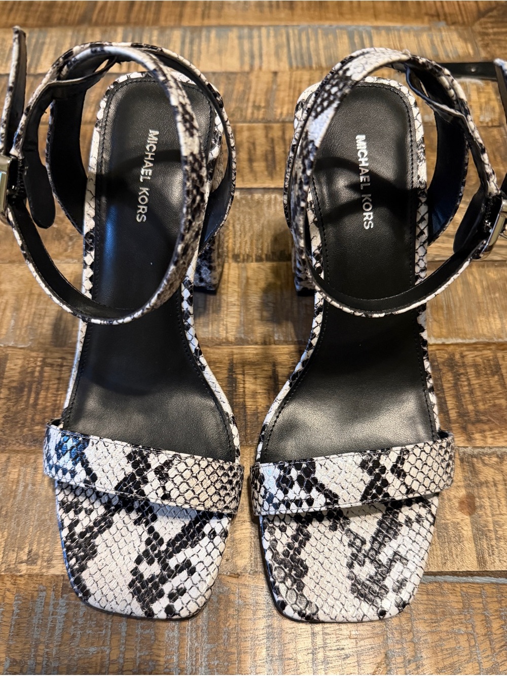 Michael Kors Black & White Snake-Print Block Heel Sandals